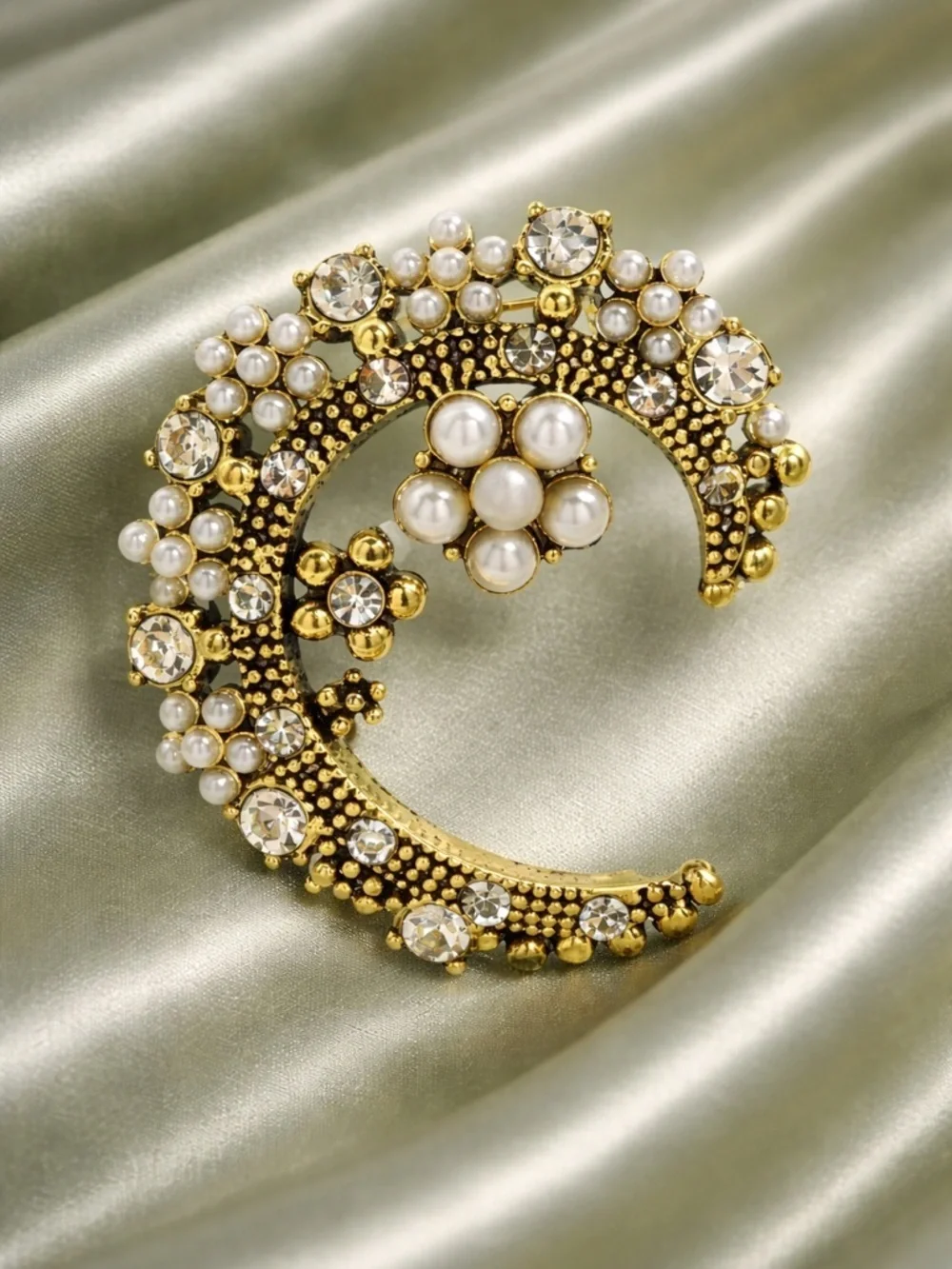 Celestial Crescent Pearl Cluster Gold Brooch